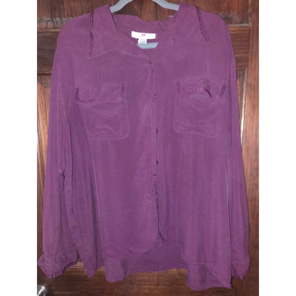 Vintage Stunt Collections 100% Silk Plum Purple Whipstitch Button Down Shirt 2X